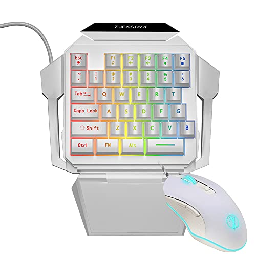 One-Handed Gaming Keyboard and Mouse Combination Mini Wired RGB Backlit Half Keyboard, Mechanical Feel, Support Wrist Rest Suitable for Professional Gamers(White) (Renewed)