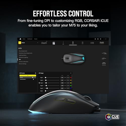 Corsair M75 Wired RGB Lightweight FPS Gaming Mouse – 26,000 DPI – Swappable Side Buttons – PC – Black - color: Black, style: Wired Mouse