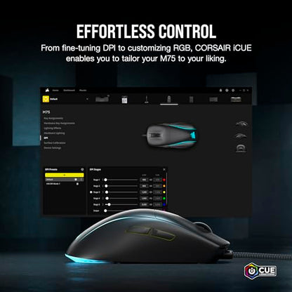 Corsair M75 Wired RGB Lightweight FPS Gaming Mouse – 26,000 DPI – Swappable Side Buttons – PC – Black - color: Black, style: Wired Mouse
