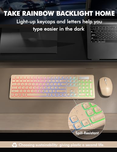 Wireless Keyboard and Mouse Combo, RGB Backlit, Trueque KM42Pro | RGB Rainbow Backlit, Rechargeable Keyboard Mouse, Sleep Mode, 2.4GHz Wireless, Silent Soft Typing, USB-C Adapter - color: Sand Gold