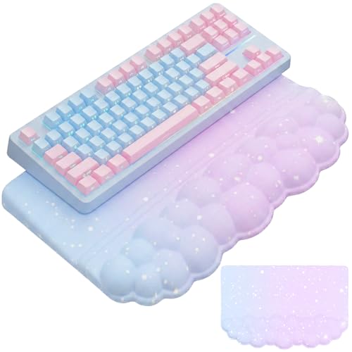 Computer Keyboard Stand Pad with Wrist Rest Purple Blue Cloud Keyboard Pad Support with Comfortable Galaxy Stars Wrist Pad Cute Girl Ergonomic Tilted Keyboard Riser Holder for Desktop Office Home - color: Cloud Purple Blue