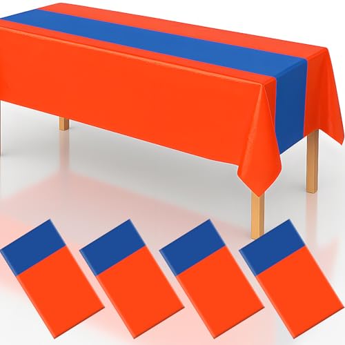 4 Pack 2in1 Orange and Blue Party Tablecloth 54" x 108" Disposable Plastic Table Cloth Rectangle Table Cover for Birthday Themed Party Decoration Supplies - color: Orange Blue, size: 4 Pack