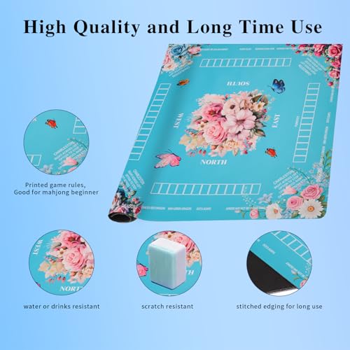 Mahjong Mat for Table with Rose Floral Design | with Storage Bag 31.5x31.5 inch Anti-Slip Mah Jong Mat Quieter Mahjong Table Mat with Charleston Rules - color: Sky Blue
