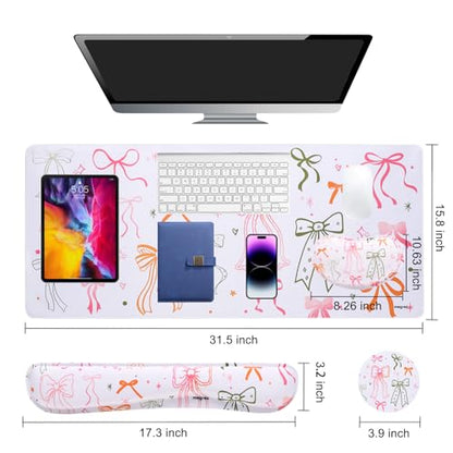 MEGREZ 4-in-1 Mouse Pad with Wrist Rest Ergonomic Memory Foam Desk Mat Set | ergonomic, anti-slip base, 4pcs set, desk pad, mouse wrist rest, keyboard rest, coaster, ideal for office & gaming - color: Bow