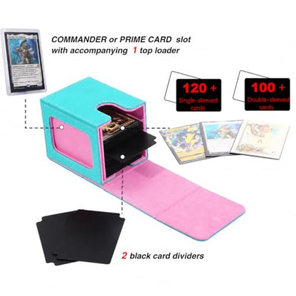MTG Deck Box with Commander Display Window(Turquoise&Pink, 1 window) | Holds 120 Single/100 Double-Sleeved Cards, Fit MTG/PTCG/OPTCG Cards, Strong Magnet, PU Leather, With 2 Dividers & 1 Toploader - color: Turquoise and Pink