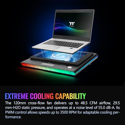 Thermaltake Massive EXTREME Notebook Cooler; Laptop up to 18in; 800~3500 RPM; 48.5 CFM; 120mm Cross Flow Fan; Ambient Temp Sensor; PWM Scroll Wheel; 2 Stage Height & Angle Adjustment; CL-N023-PL12SW-B