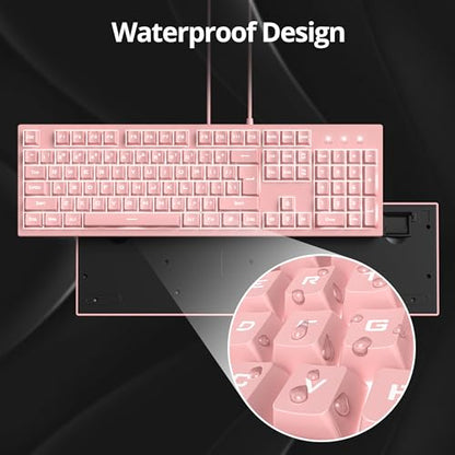 Pink Gaming Keyboard - 104 Keys Silent Creamy LED Backlit Double Shot Keycaps Wired Membrane Keyboard For PC Laptop