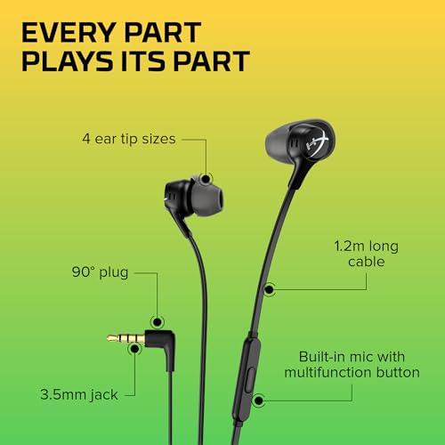 HyperX Cloud Earbuds II – 14mm Drivers, Four Eartips, Hard-Shell Carrying Case, Low-Profile 90° Plug, 3.5mm Plug, Built-in Microphone, Multi-Function Button, PC, Mobile, Nintendo Switch – Black - color: Black