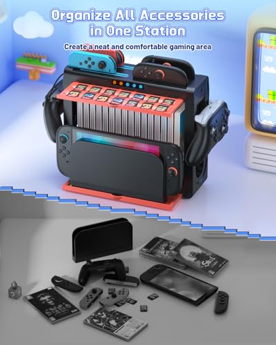 FASTSNAIL Organizer Station for Nintendo Switch 2, Charging Dock for Joycon | Switch 2/1 Compatible, Retractable Storage Stand, Charge 4 Joypads Simultaneously, Holds 16 Discs+14 Game Card+Pro Controller