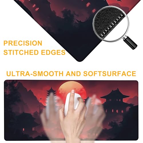 Large Mouse Pad Samurai Blood Moon Dusk Waterproof Extra Large Mousepad with Stitched Edges Non-Slip Rubber Base Computer Protector Desk Pad for School Office Home 35.4"X 15.7" - color: Blood Moon Cherry Blossom