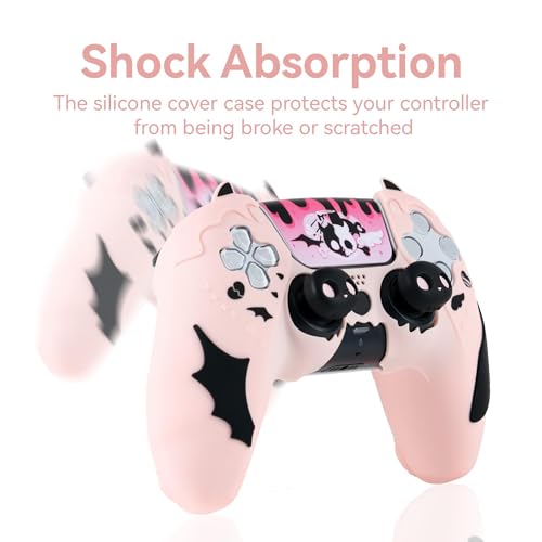 GeekShare Controller Skin Set Compatible with PS5, Anti-Slip Silicone Protective Cover with 2 Thumb Grip Caps and 1 Sticker - Sweetheart Skull Design (Pink) - color: Sweetheart Skull