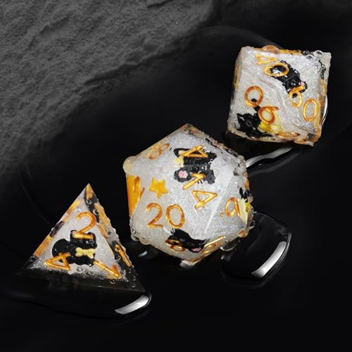 DND Cat Dice Set for Role Playing Gaming with Box, Sticker Sharp Edged Polyhedral Resin DND Dice Set with Cute Black Cat ＆ Yellow Image, D% D20 D12 D10 D8 D6 D4 Dice RPG MTG Gift (White) - color: White-yellow, style: Cat