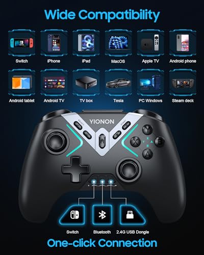 YIONON Dual Hall Effect PC Controller with USB Dongle & Phone Clip | Bluetooth Controller for PC/iPhone/Android/Steam/TV with Macro, Joystick Speed Down, 6-Axis Gyro, Vibration, Turbo, Wake Up - color: Black