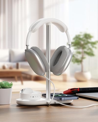 HiWe Headphone Stand, 2-in-1 MagSafe Wireless Charger for iPhone/iWatch | Headset Holder for All Headphones, Aluminum Alloy Bar, ABS Solid Base, PU Headrest, Table Desk Organizer - color: White