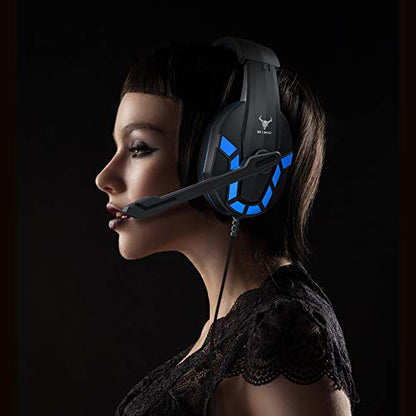 Kikc Gaming Headset with Mic for PS4, PS5, Xbox, PC, Switch, Controllable Volume Gaming Headphones with Soft Earmuffs for Mobile Phone, iPad, and Notebook, 40mm Drivers, 3.5 mm Audio Jack-Blue