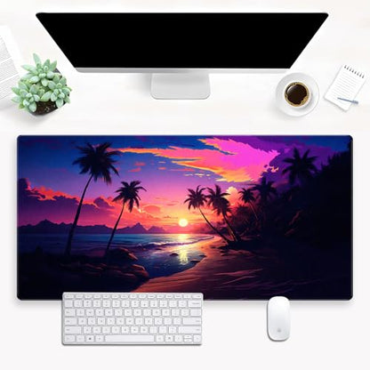 Beach Sunset Desk Mat, Synthwave XXL Large Gaming Mouse Pad | Aesthetic tropical neon desk pad with comfortable 3mm cushion, smooth fabric top, and non-slip natural rubber base. - color: Sunset Beach