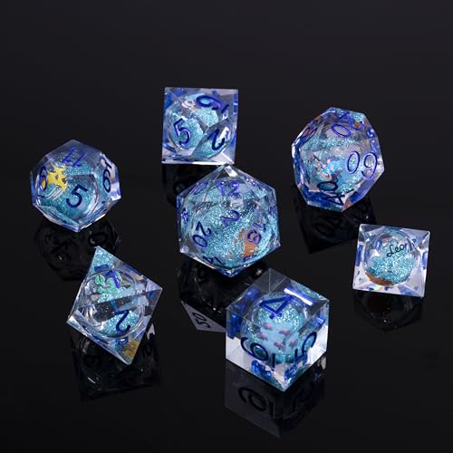 FugaCity Dice Set,Handmade Sharp Edge 7 Piece Resin Dice-Dungeon&Dragons Polyhedral Dice Set, D&D Dice Set with Gift Dice Case for RPG MTG Table Games - color: A-ocean Blue Liquid Core