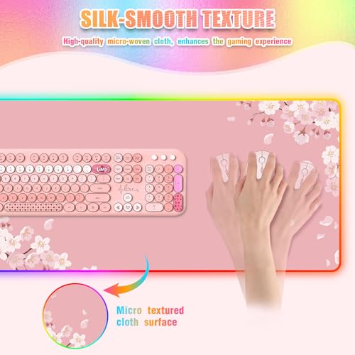 Japanese Sakura RGB Mouse Pad for Gaming I Large Mousepad with 14 Led Modes I Keyboard Pad Gaming Desk Mat I Non-Slip Rubber Base Mouse Mat I 900x400x4mm Waterproof Mousepad I Pink Cherry Blossom - color: Pink Cherry Blossom