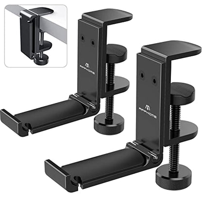 2Pack Upgrade Foldable Headphone Stand Under Desk PC Gaming Headset Hanger Holder Hook Clamp with Built in Cable Clip Organizer Space Save Mount Fold Upward Not in Use, Universal Fit, Black - color: Premium Black-Two Pack