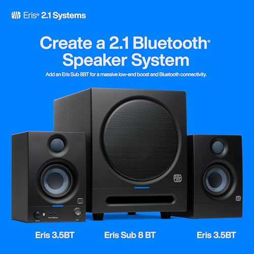 PreSonus Eris 3.5BT Studio Monitors, Pair — 3.5" Inch Powered Bookshelf Speakers, Stereo, Desktop Computer, Near Field Music Production, Audio Mixing Recording, Black | 3.5 Woven Woofer, 1 Silk-Dome Tweeter, 25W and Side, Trs, Rca and 3.5mm Inputs, High a