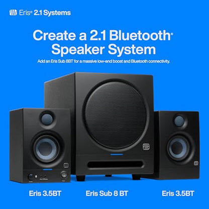 PreSonus Eris 3.5BT Studio Monitors, Pair — 3.5" Inch Powered Bookshelf Speakers, Stereo, Desktop Computer, Near Field Music Production, Audio Mixing Recording, Black | 3.5 Woven Woofer, 1 Silk-Dome Tweeter, 25W and Side, Trs, Rca and 3.5mm Inputs, High a