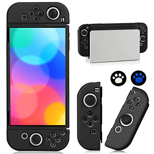 Switch OLED Case for Nintendo Switch OLED Model, Dockable Cover Soft TPU Protector Case for Switch OLED Grips & Console and Accessories with 2 Pcs Thumb Caps, Black - color: Black