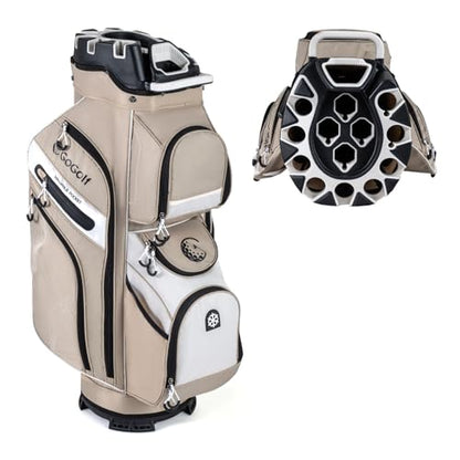 Goplus Lightweight Golf Cart Bag, Molded Lock Top Golf Club Bag w/14-Way Full Length Organizer Dividers, 11 Pockets, Cooler Bag, Straps, Umbrella Holder & Rain Hood for Men Women - color: Khaki+White