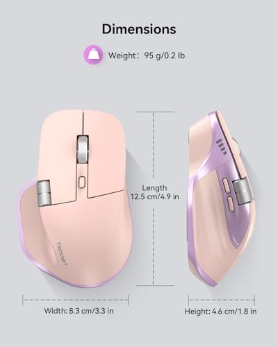 TECKNET Wireless Mouse, Bluetooth Mouse (BT5.3/5.0 & 2.4G) Rechargeable Ergonomic Optical Mouse with 6 Adjustable DPI, Side Scroll, Quiet Clicks, USB A Receiver, 7 Buttons, Wide Compatibility - color: Pink & Purple