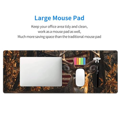 American Flag Whitetail Deer Mouse Pad, X-Large Gaming Desk Mat (31.5 x 11.8 in), Non-Slip Rubber Base Extended Mousepad with Stitched Edges for Office & Home - color: 26