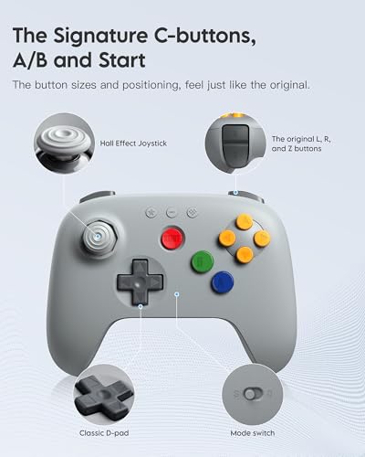 8Bitdo 64 Bluetooth Controller for Analogue 3D, Switch, Switch 2, Windows, Android – Hall Effect Joystick, Vibration, Turbo Function – Gray - color: Gray