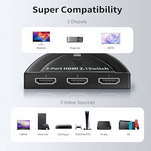 NEWCARE 8K@60Hz HDMI 2.1 Switch 3 in 1 Out, 4K@120Hz HDMI Switch Box with 2.9 ft HDMI 2.1 Cable, HDMI Splitter 3 in 1 Out Supports VRR, ALLM, HDR, HDCP 2.3, 3 Port HDMI Hub for Xbox PS5/4 HD TV - color: 3X1 8K@60Hz with 3.9ft cable
