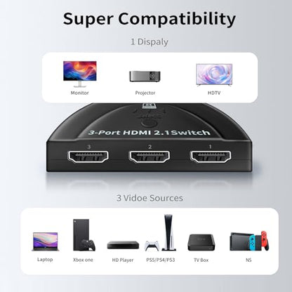 NEWCARE 8K@60Hz HDMI 2.1 Switch 3 in 1 Out, 4K@120Hz HDMI Switch Box with 2.9 ft HDMI 2.1 Cable, HDMI Splitter 3 in 1 Out Supports VRR, ALLM, HDR, HDCP 2.3, 3 Port HDMI Hub for Xbox PS5/4 HD TV - color: 3X1 8K@60Hz with 3.9ft cable