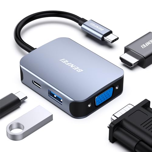 BENFEI USB C HUB 4-in-1, USB Type-C to HDMI VGA Adapter, USB C to USB Adapter, USB Type-C Power Delivery, Compatible with iPhone 15 Pro/Max, MacBook Pro/Air 2023, iPad Pro, iMac, S23, XPS 17 - color: Grey, size: 4-in-1