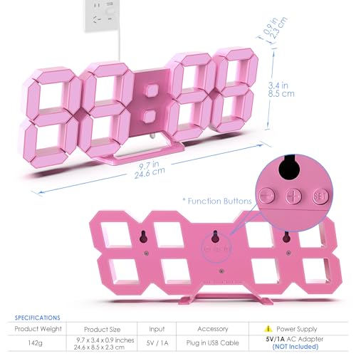 KOSUMOSU Pink LED Clock 3D Wall Clock 9.7" Table Clock for Living Room Modern Digital Clock for Bedroom Aesthetic Bedside Desk Clock with Remote/Dimming/12/24H/Temp/Alarm Clock/Date - color: 9.7in Pink Clock-pink Light