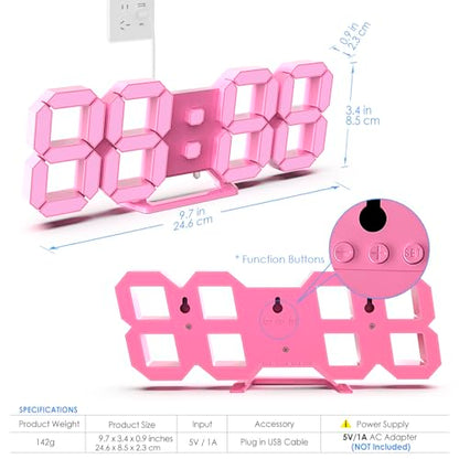 KOSUMOSU Pink LED Clock 3D Wall Clock 9.7" Table Clock for Living Room Modern Digital Clock for Bedroom Aesthetic Bedside Desk Clock with Remote/Dimming/12/24H/Temp/Alarm Clock/Date - color: 9.7in Pink Clock-pink Light
