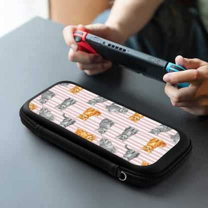 PPIKTC Game Console Storage Bag Compatible with Nintendo Switch, Pink Stripes Cute Cat Hard Shell Shockproof Travel Carrying Pouch with 15 Game Cartridges - color: Design (219)
