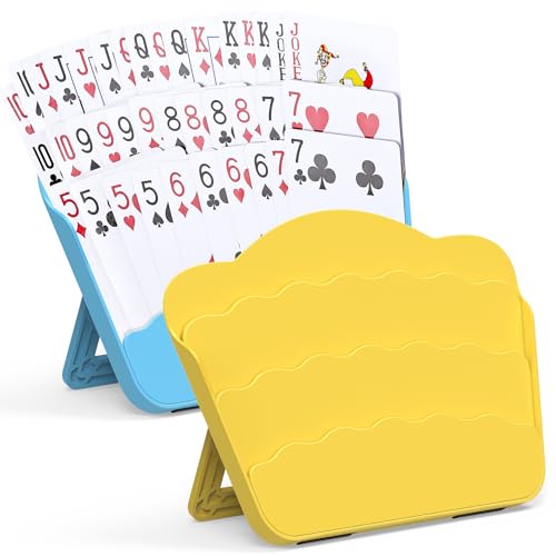RESOVO Playing Cards Holders Stands Decks w/ Foldable Tabletop Stand, 3 Layers Design for Poker UNO Cards, Playing Card Accessories, Set of 2 (1 Blue + 1 Yellow) - color: 1 Blue + 1 Yellow