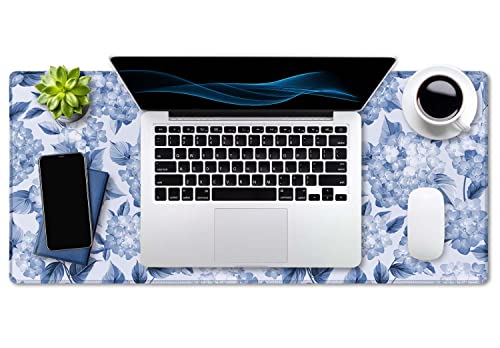 SSOIU Blue Hydrangea Flowers Desk Mat, Floral Large Aesthetic Mouse Pad 35.5" X 15.7", Waterproof Desk Mat Stitched Edges, Non-Slip Laptop Computer Keyboard Mousepad for Office and Home - color: Blue Hydrangea Flowers
