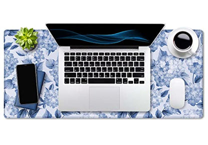 SSOIU Blue Hydrangea Flowers Desk Mat, Floral Large Aesthetic Mouse Pad 35.5" X 15.7", Waterproof Desk Mat Stitched Edges, Non-Slip Laptop Computer Keyboard Mousepad for Office and Home - color: Blue Hydrangea Flowers