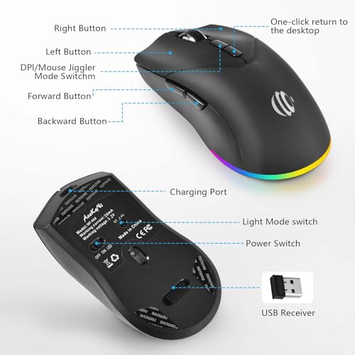 Wireless Mouse, Bluetooth Rechargeable Mouse, Dual Mode BT 5.2 + 2.4G USB Silent Wireless Bluetooth Mouse, RGB Ergonomic Design, 3-Level Adjustable DPI Mouse for Laptop, PC, Mac, Ipad, Black - color: Black