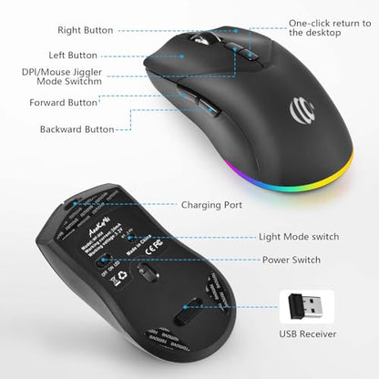 Wireless Mouse, Bluetooth Rechargeable Mouse, Dual Mode BT 5.2 + 2.4G USB Silent Wireless Bluetooth Mouse, RGB Ergonomic Design, 3-Level Adjustable DPI Mouse for Laptop, PC, Mac, Ipad, Black - color: Black