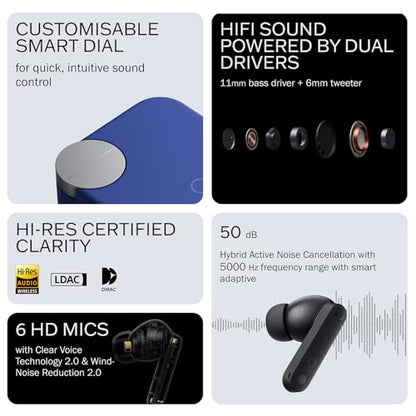 CMF Buds Pro 2 Wireless Earbuds with Smart Dial, 50dB Hybrid Noise Cancelling Earbuds Wireless Bluetooth 5.3, 11mm Bass with LDAC, 6 Hi-Res Audio Mics, 43H Playtime, Fast Charging Case, Blue - color: Blue