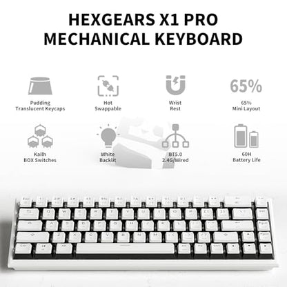 Hexgears X1 Pro Wireless Mechanica Keyboard, Tri-Mode Bluetooth/2.4G/USB-C, Hot-Swappable Clicky Switch Gaming Keyboard, Mini Compact White Backlit Keyboards with Wrist Rest - White - color: Panda-X1 Pro, size: Clicky