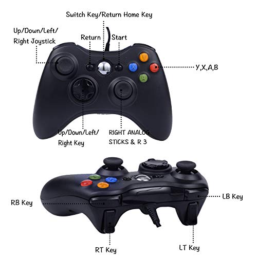 ONE250 USB Wired Game Pad Controller, Compatible with Xbox 360, Xbox 360 Slim, Windows PC - Replacement USB Wired Gamepad (Black) - color: Black