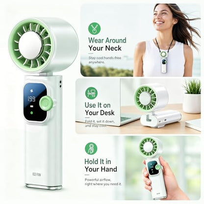 Portable Handheld Fan with Ice Cooling Personal Rechargeable Mini Neck Fan | 20000RPM,199-Speed 4000mAh Battery Powered up to 15hrs with LED Display for Travel, Camping & Outdoor, White - color: White-Green