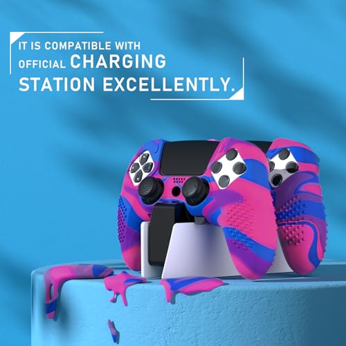 PlayVital 3D Studded Edition Anti-Slip Silicone Cover Case for ps5 Edge Controller, Soft Rubber Protector Skin for ps5 Edge Wireless Controller with 6 Thumb Grip Caps - Pink & Purple & Blue - color: Pink & Purple & Blue