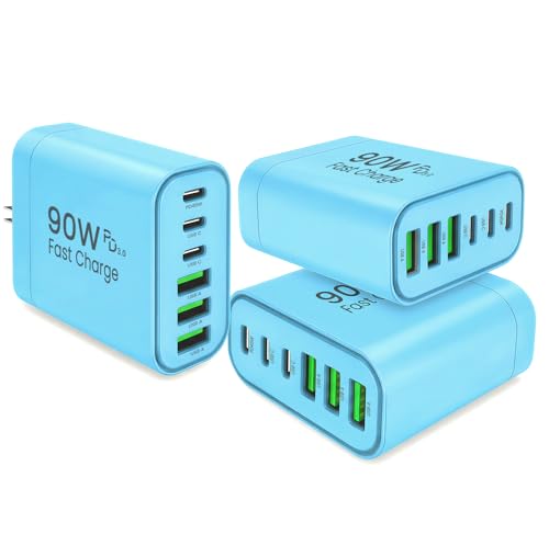 90W GaN USB C Charger Block [3 Pack],6-Port USB C Wall Charger Fast Charging 45W PD Power Adapter for MacBook Air/iPad Pro/iPhone 17Pro Max/Samsung Galaxy S24 Ultra/Tabs for Home Travel - color: Blue, size: Three