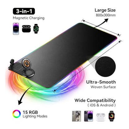 Wireless Charging RGB Mouse Pad 3-in-1, 800×300mm Extended Desk Mat, Fast Charging for Phone, Earbuds and Watch, Large Gaming Mouse Pad with LED Lighting