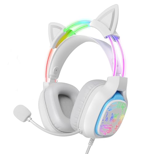 Gaming Headset with Microphone, RGB Lights, Detachable Cat Ear, Lightweight Over-Ear Headphones with Adjustable Headband for PC, PS4, PS5, Mac, Switch, Surround Sound, in-Line Control, White - color: White