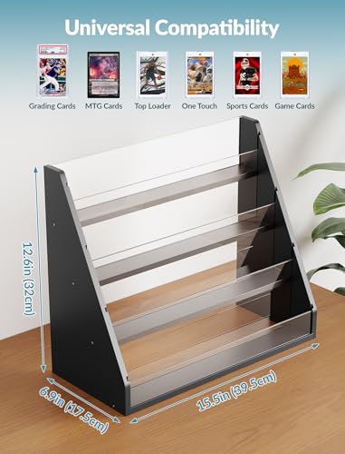 NiHome Trading Card Display Stand, 4-Tier Wood Acrylic for Graded PSA Slabs | Stackable Space-Saving Organizer Holds Up to 20 Toploaders or 16 Cases with Protective Clear Dividers